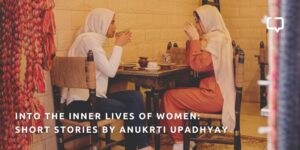 feature image of two women talking over coffee, created for this review of The Blue Women, a collection of short stories